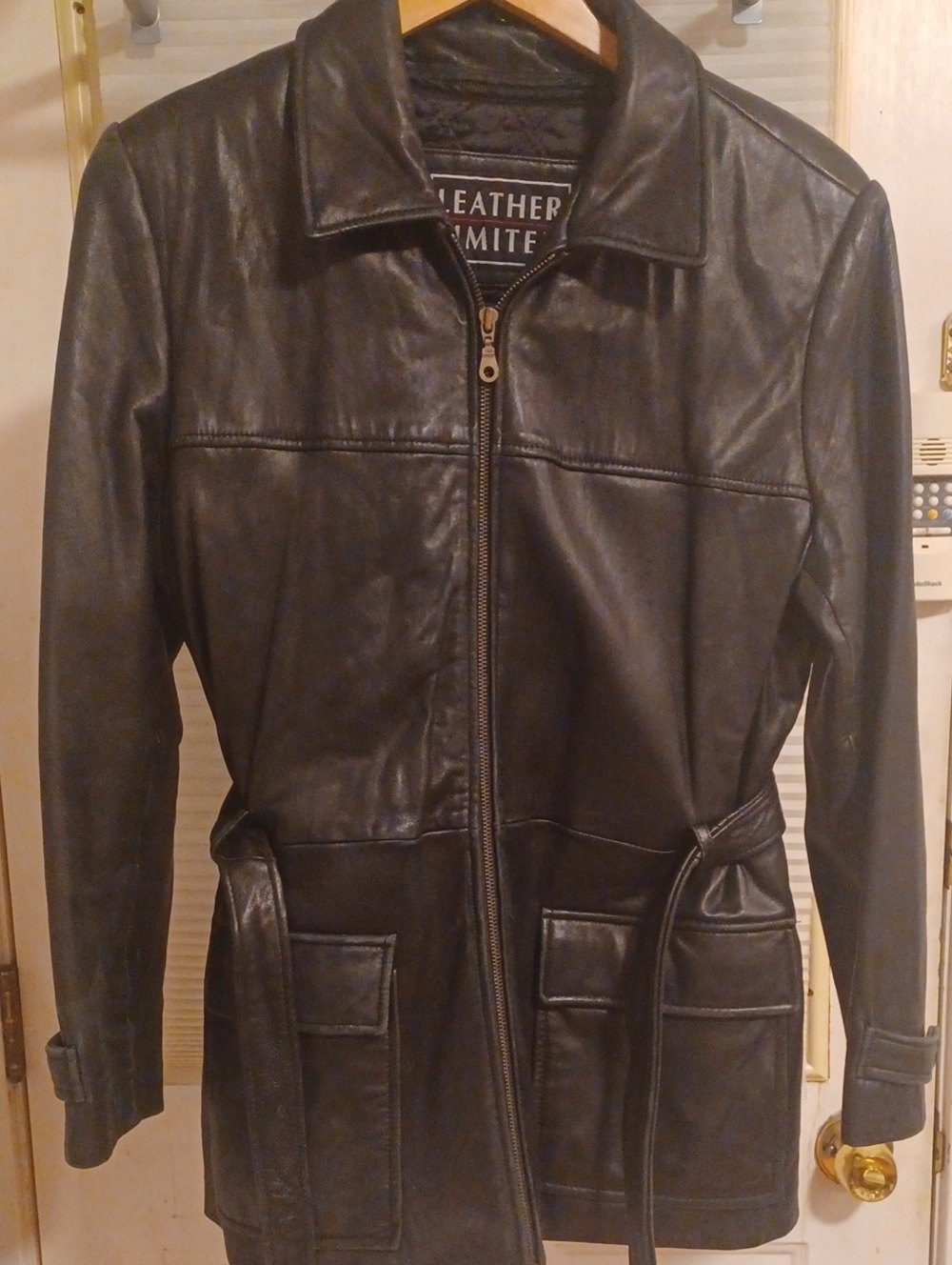 Women's Black Genuine Leather Medium Zip Front Jacket Belt Pockets